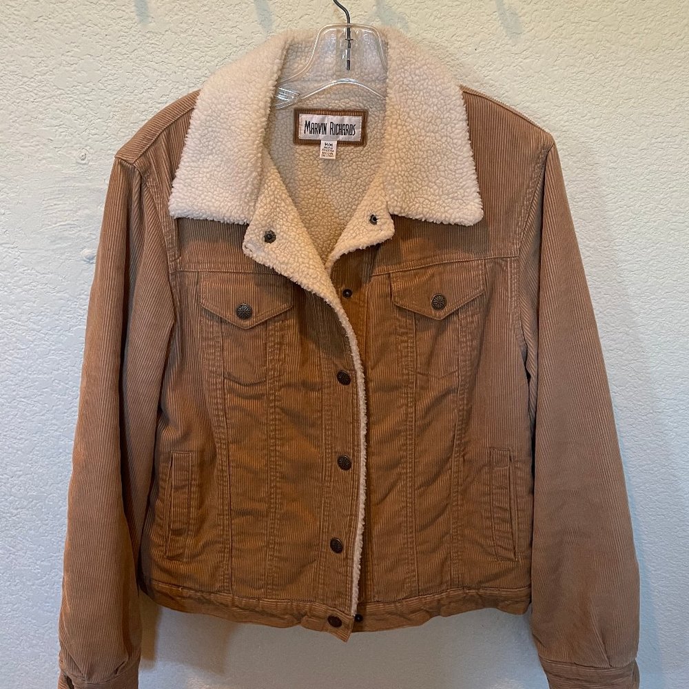 Marvin Richards Corduroy Wool Lined Jacket Womans M Medium Brown Tan Long Sleeve
